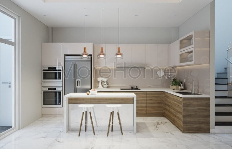 Thiết kế phòng bếp hiện đại với nội thất gỗ công nghiệp đẹp độc đáo trong không gian ấm cúng của gia đình Thiết kế phòng bếp, tủ bếp đẹp
