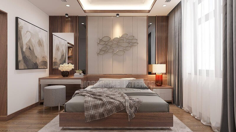 Nếu bạn đang tham khảo mẫu phòng ngủ nam tính đẹp, sang trọng thì ý tưởng thiết kế nội thất phòng ngủ sử dụng chất liệu gỗ óc chó Nam Cường cùng cách trang trí đẹp, khoa học từ giường, tab, tấm ốp đầu giường sẽ là gợi ý độc đáo.