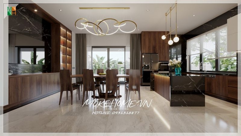 Đảo bếp đá mặt đen vân mây sang trọng, sạch sẽ, vệ sinh dễ dàng, trang trí tô điểm thẩm mỹ cho không gian và tiện lợi sử dụng của gia chủ